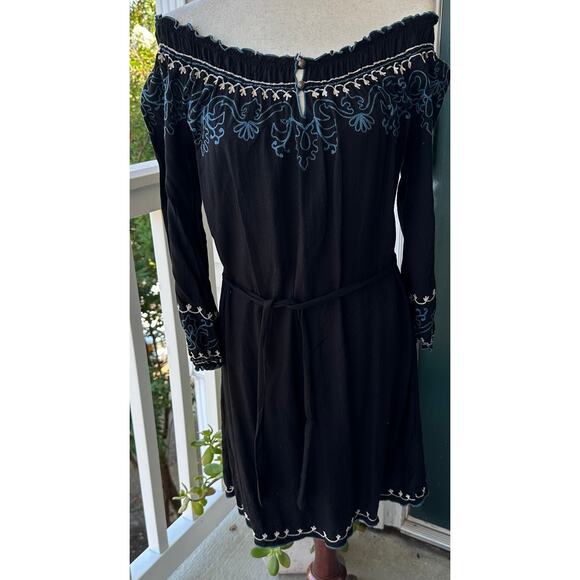 Lucky Brand Boho Embroidered Dress M Off Shoulder Belted Fall Knee Length Casual - Picture 2 of 7